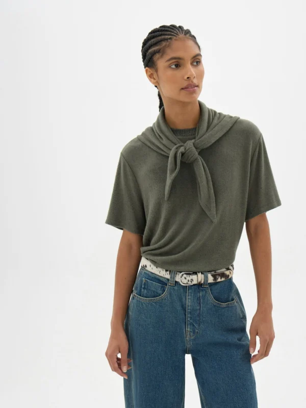 hush Elarae Supersoft Crew T-Shirt and Matching Scarf in Khaki Green
