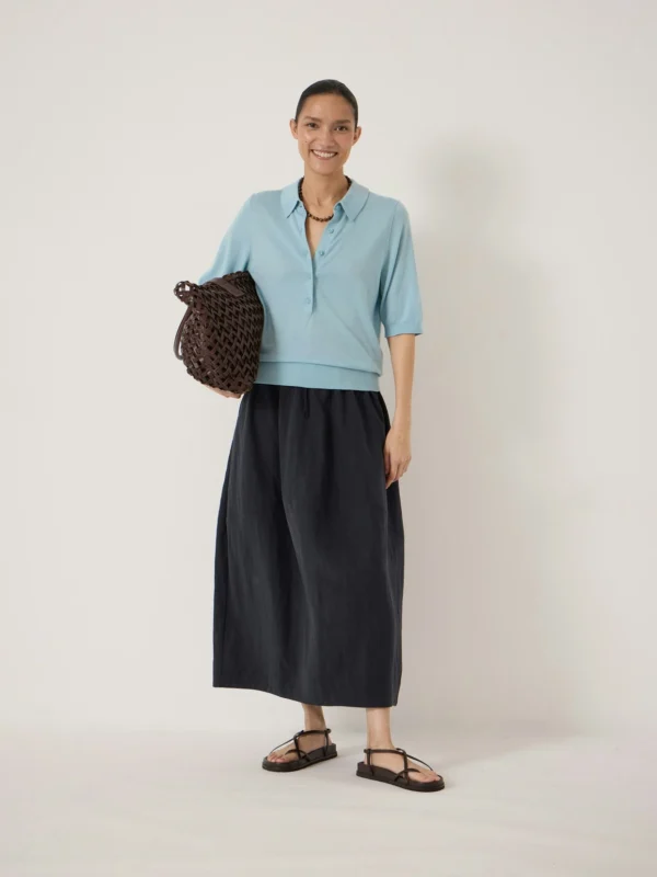 hush Ellen Fine Knit Short Sleeve Polo Top in Blue