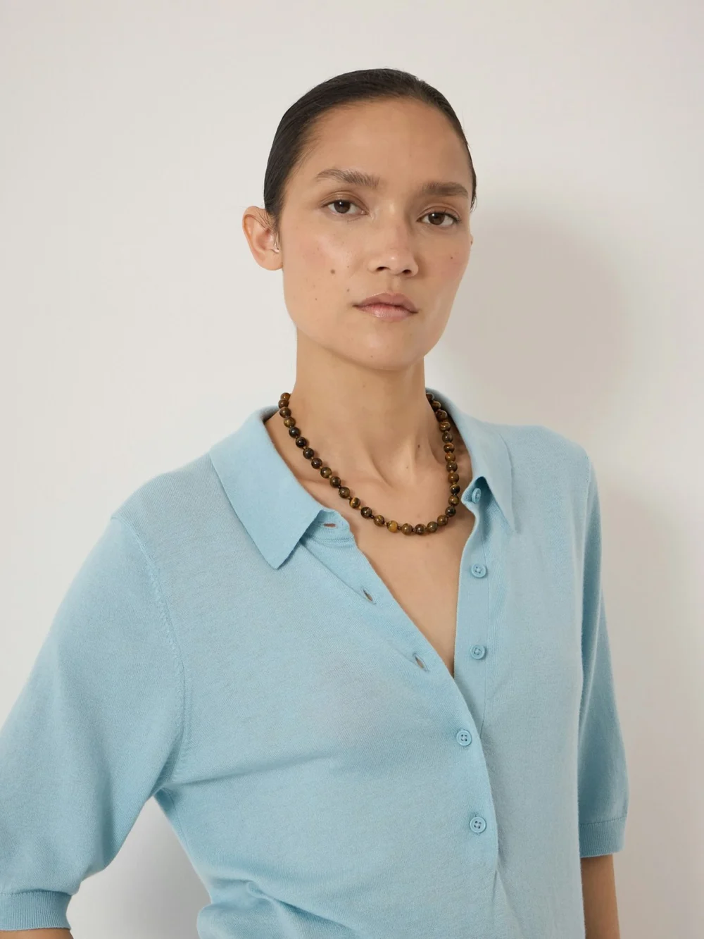 hush Ellen Fine Knit Short Sleeve Polo Top in Blue, view 2