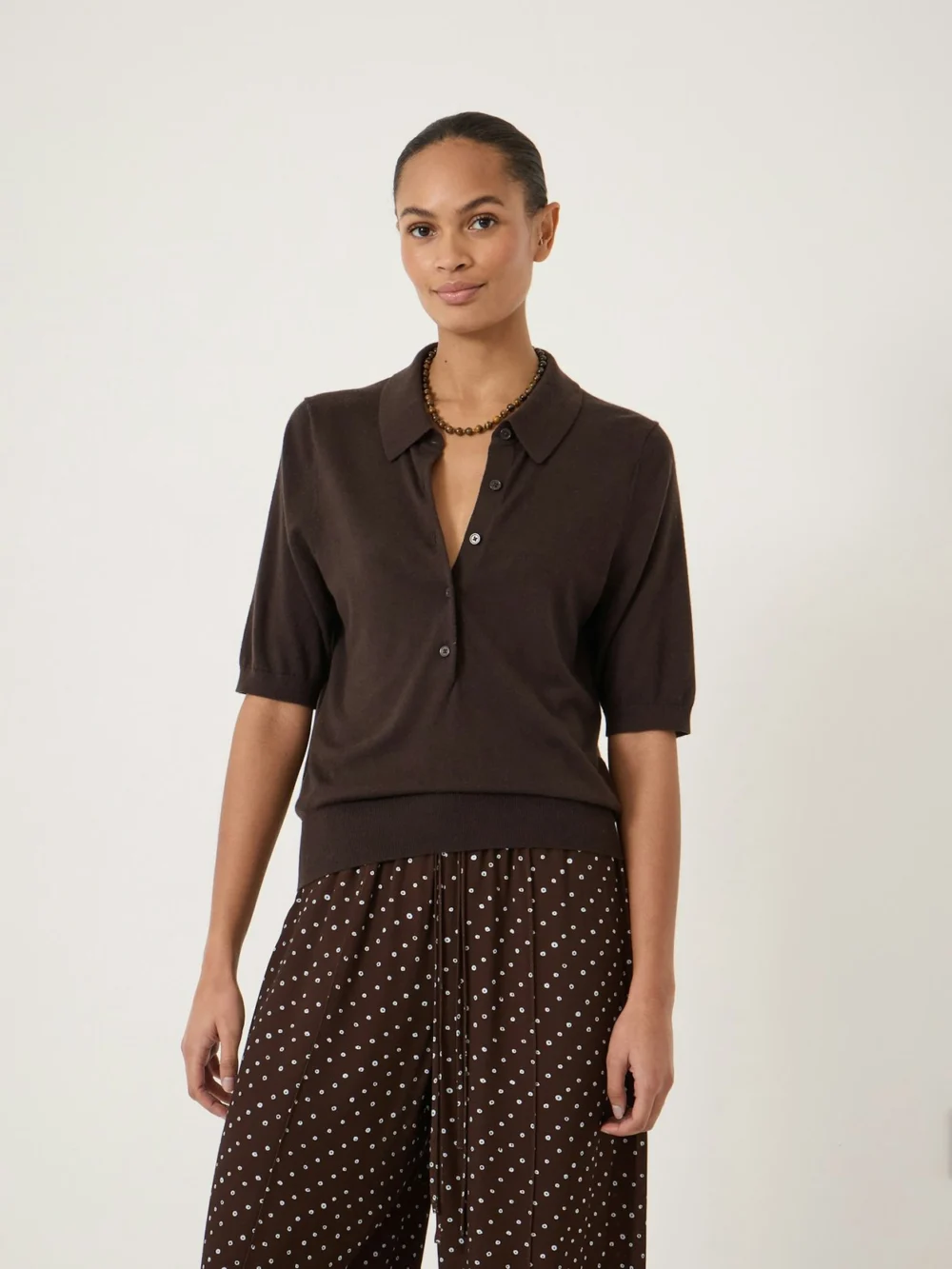 hush Ellen Fine Knit Short Sleeve Polo Top in Dark Brown