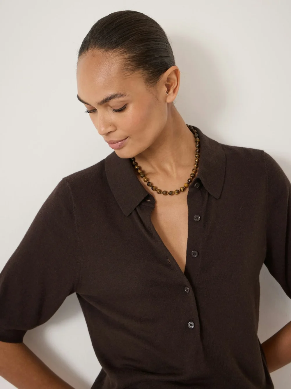 hush Ellen Fine Knit Short Sleeve Polo Top in Dark Brown, view 2