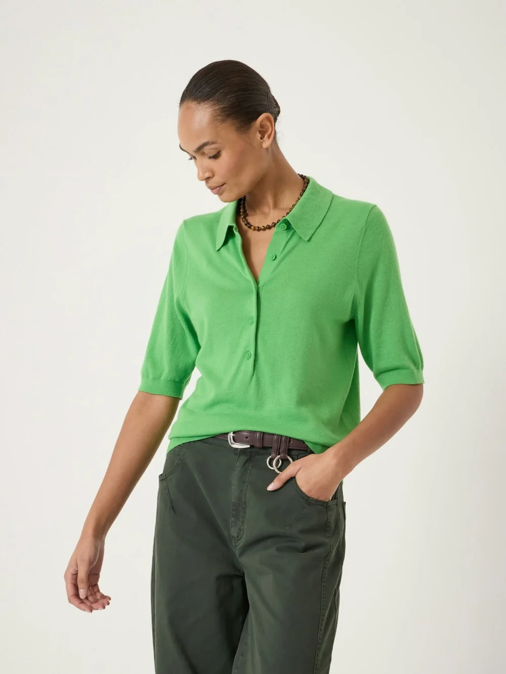 hush Ellen Fine Knit Short Sleeve Polo Top in Vibrant Green