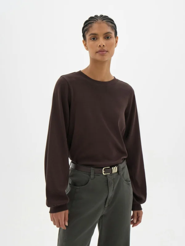 hush Elodie Puff Detail Cuff Cotton Top in Dark Brown