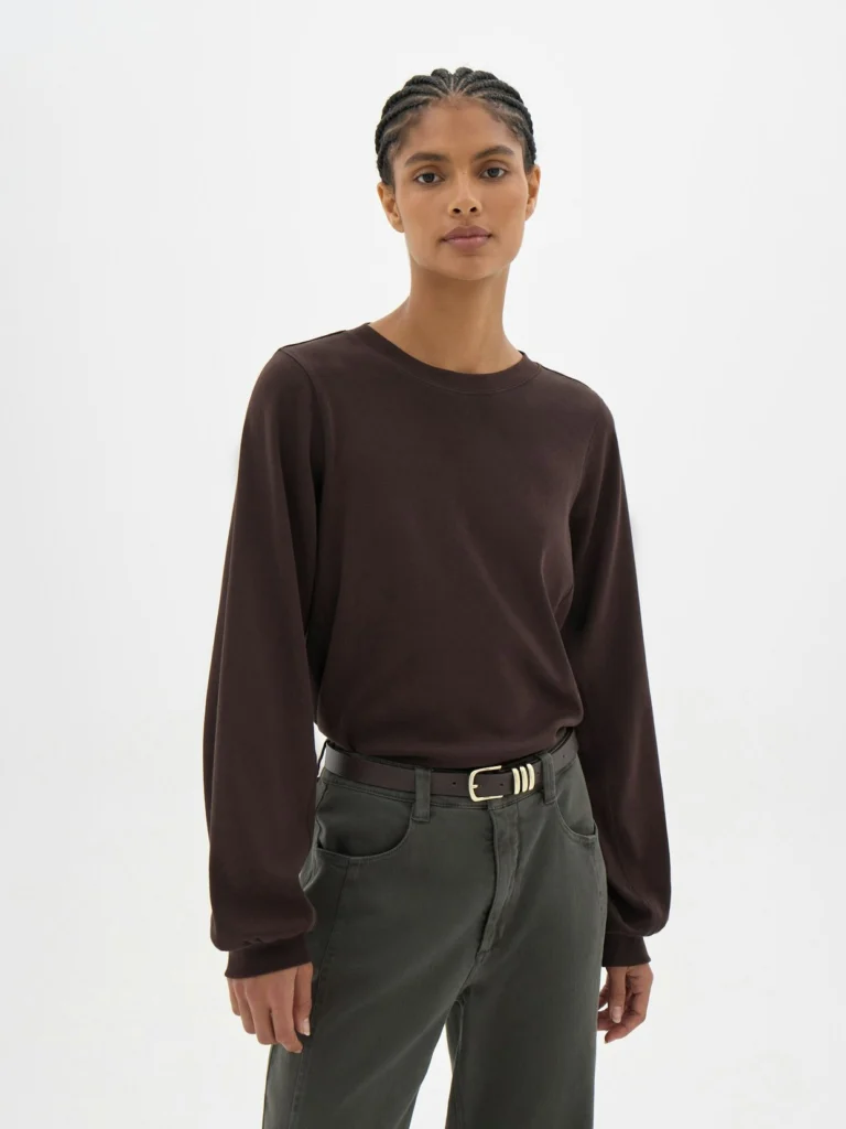 hush Elodie Puff Detail Cuff Cotton Top in Dark Brown