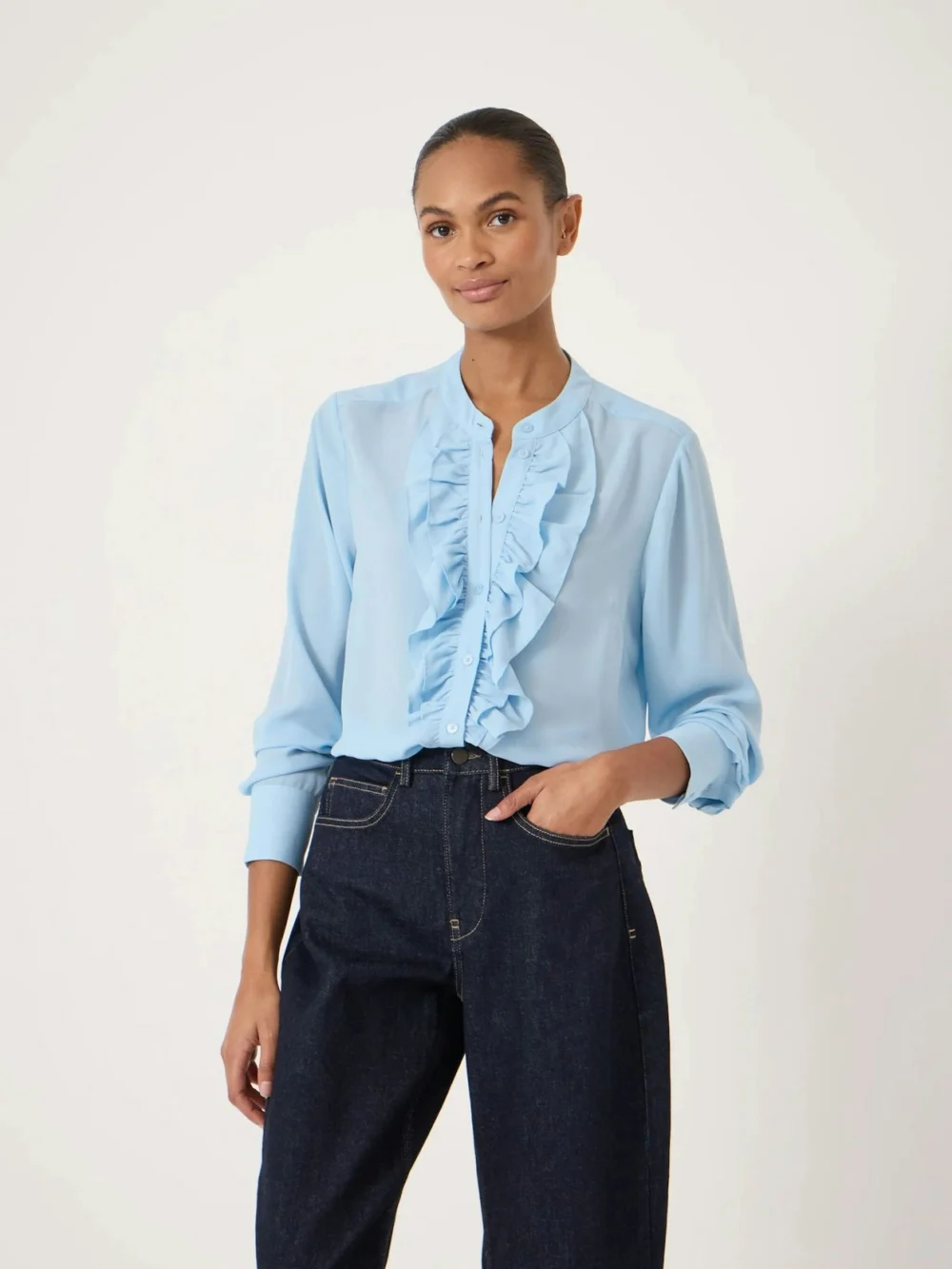 hush Elowen Long Sleeve Ruffle Shirt in Pale Blue