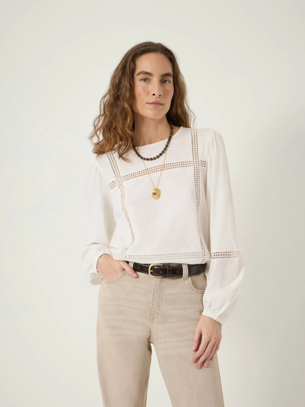 hush Elva Cotton Lace Detail Long Sleeve Top in off white