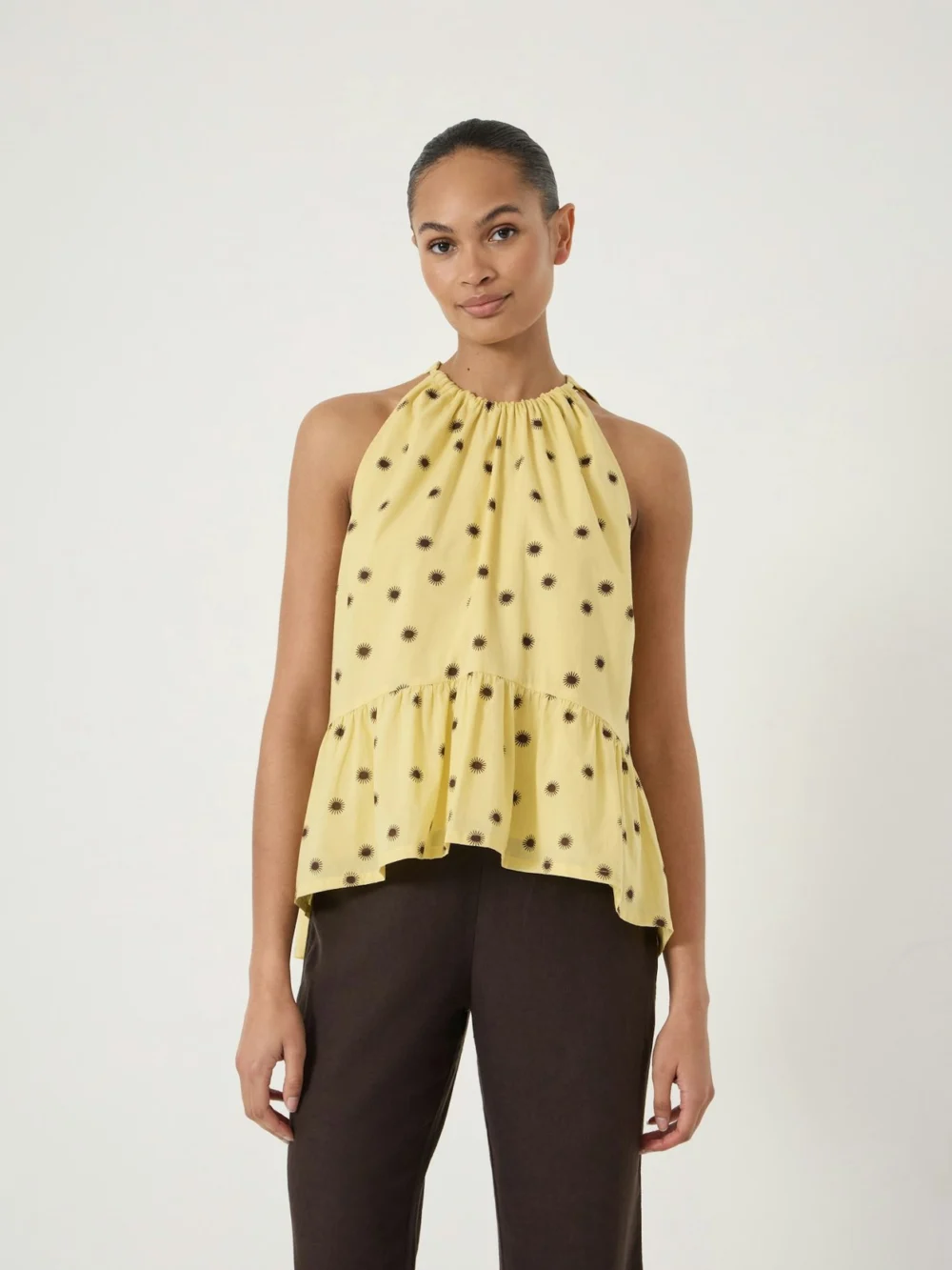 hush Fable Gathered Halter Neck Top in amber glow yellow