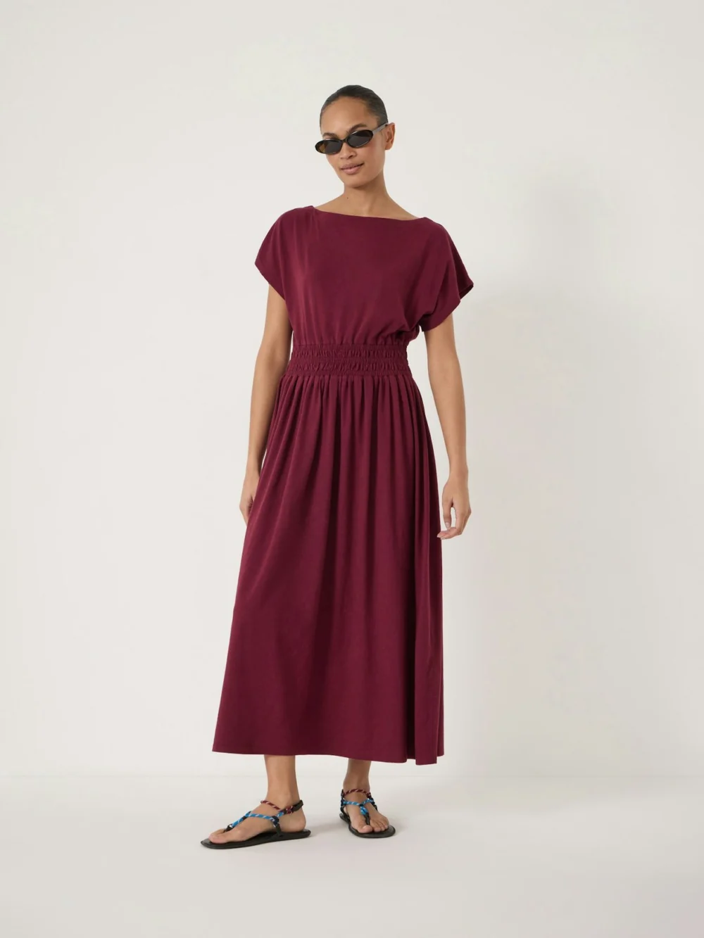 hush Fiya Smocked Waist Cotton Jersey Dress in maroon red