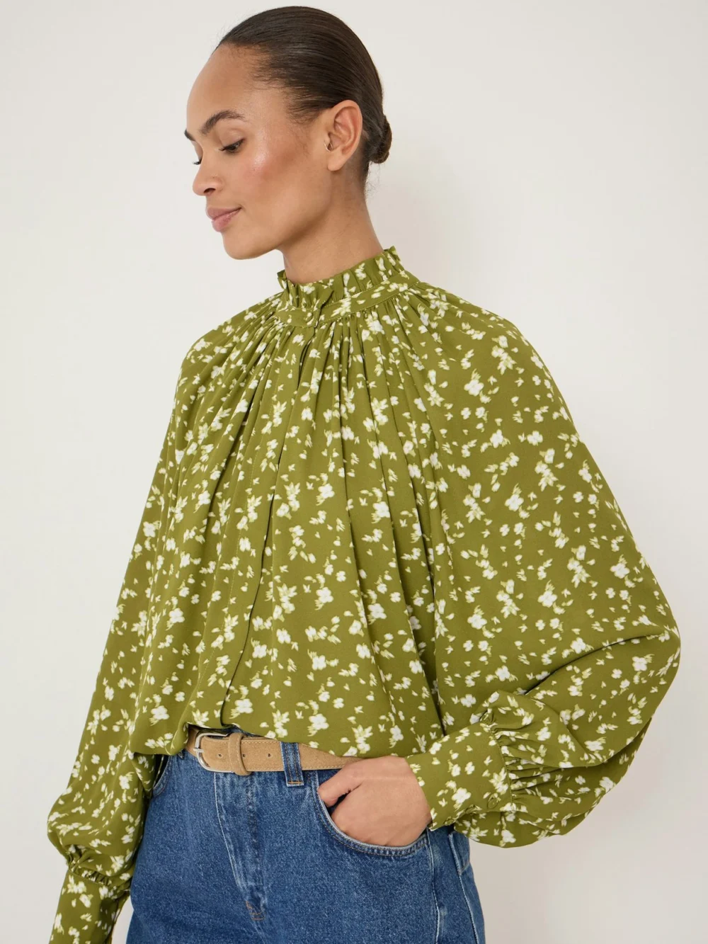 hush Fleur Floaty Chiffon Blouse in Ditsy Floral Green, view 2