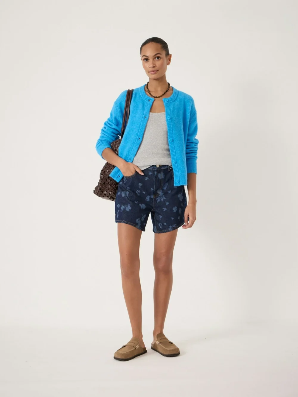 hush Floral Print Essential Mid-Rise Denim Shorts in laser floral print blue