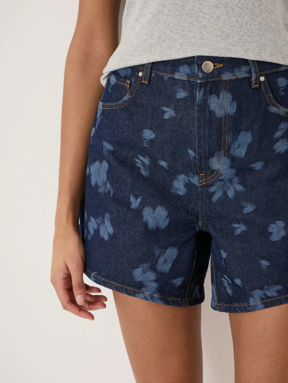 hush Floral Print Essential Mid-Rise Denim Shorts, view 2