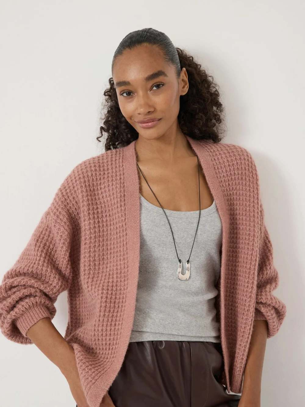 hush Flossie Waffle Stitch Knitted Cardigan in Rosewood Pink, view 2