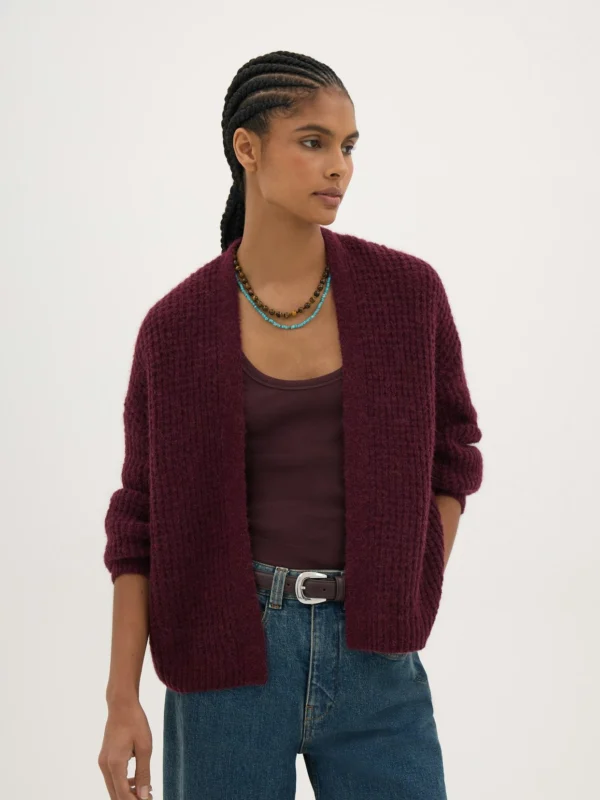 hush Flossie Waffle Stitch Knitted Cardigan in Wine Red