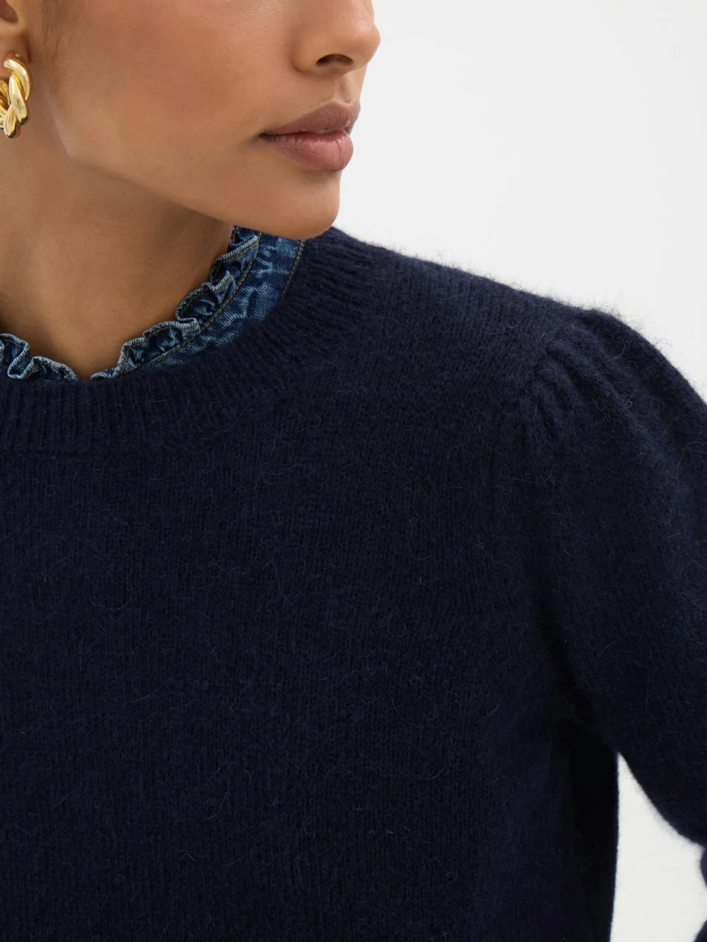 hush Gathered Shoulder Wool Blend Jumper in Navy Blue, view 2