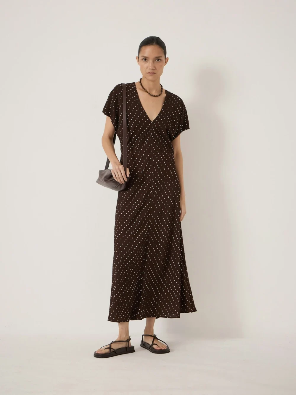 hush Grace Crepe V-Neck Maxi Dress in painted geo brown