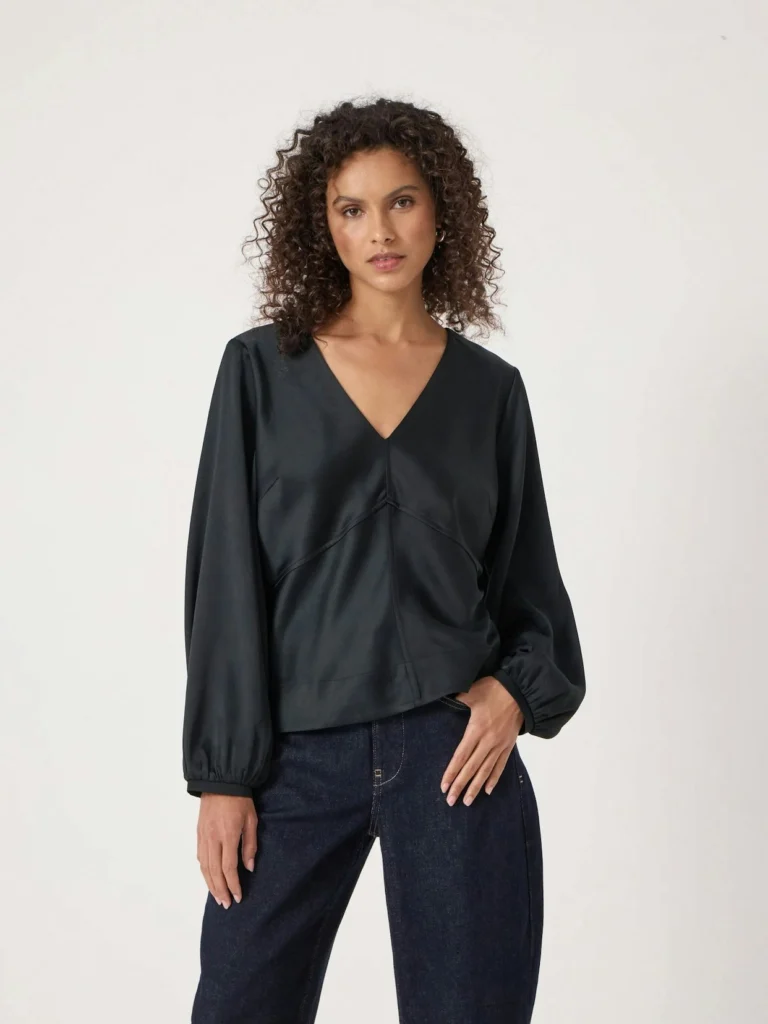 hush Grace Satin Long Sleeve Top in Black
