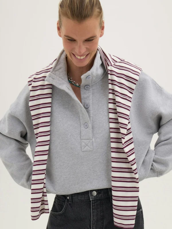 hush Hendrix Half Placket Cotton Sweatshirt in Grey Marl