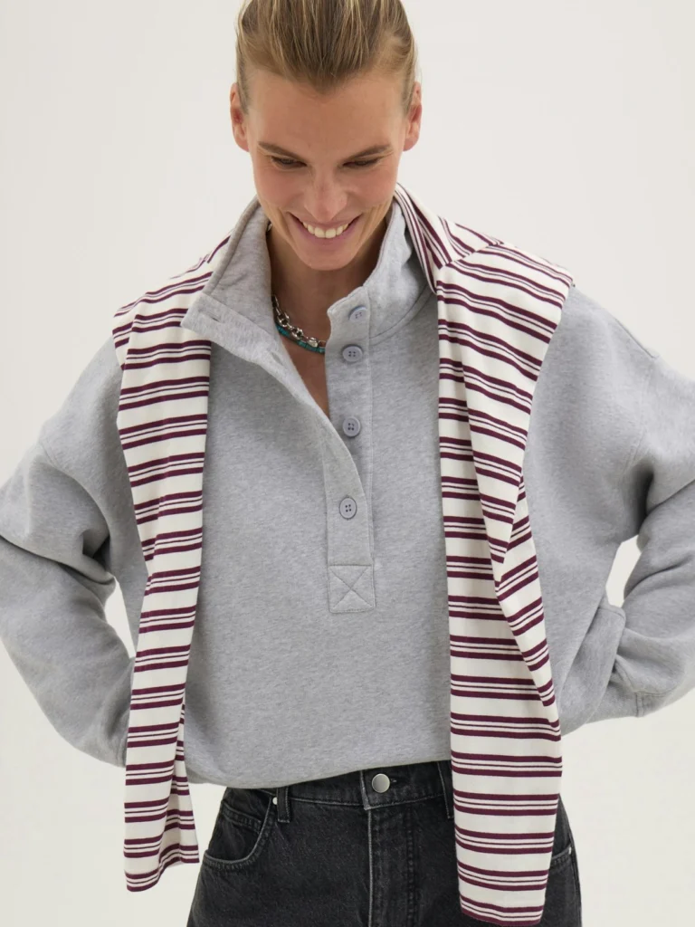 hush Hendrix Half Placket Cotton Sweatshirt in Grey Marl