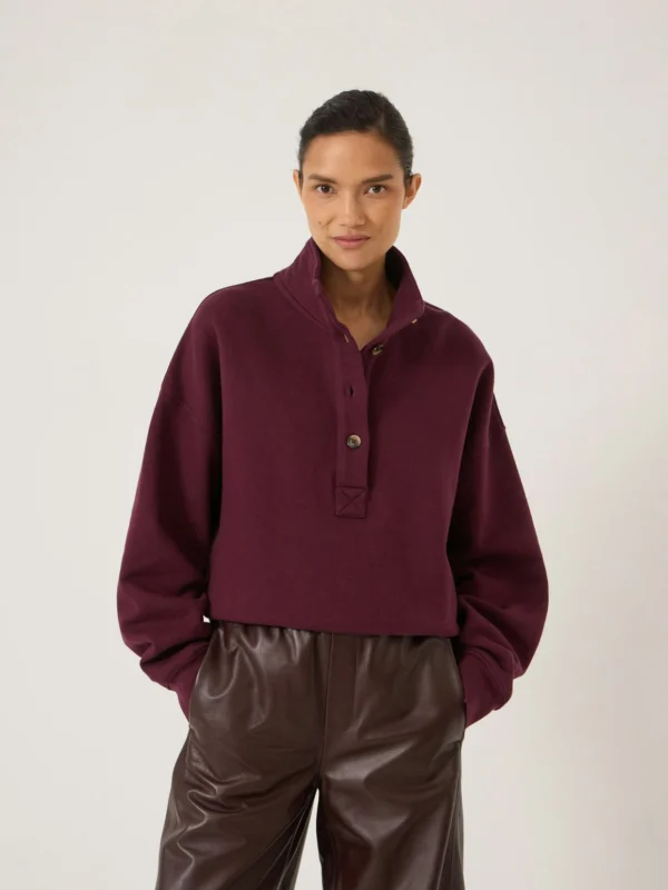 hush Hendrix Half Placket Cotton Sweatshirt in Wine Red