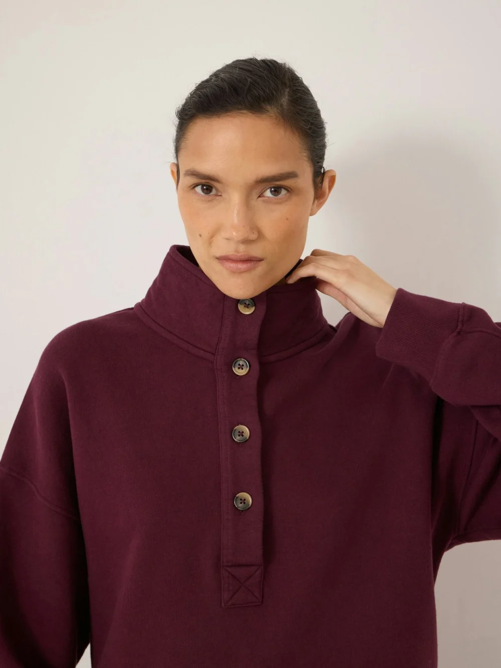 hush Hendrix Half Placket Cotton Sweatshirt in Wine Red, view 2