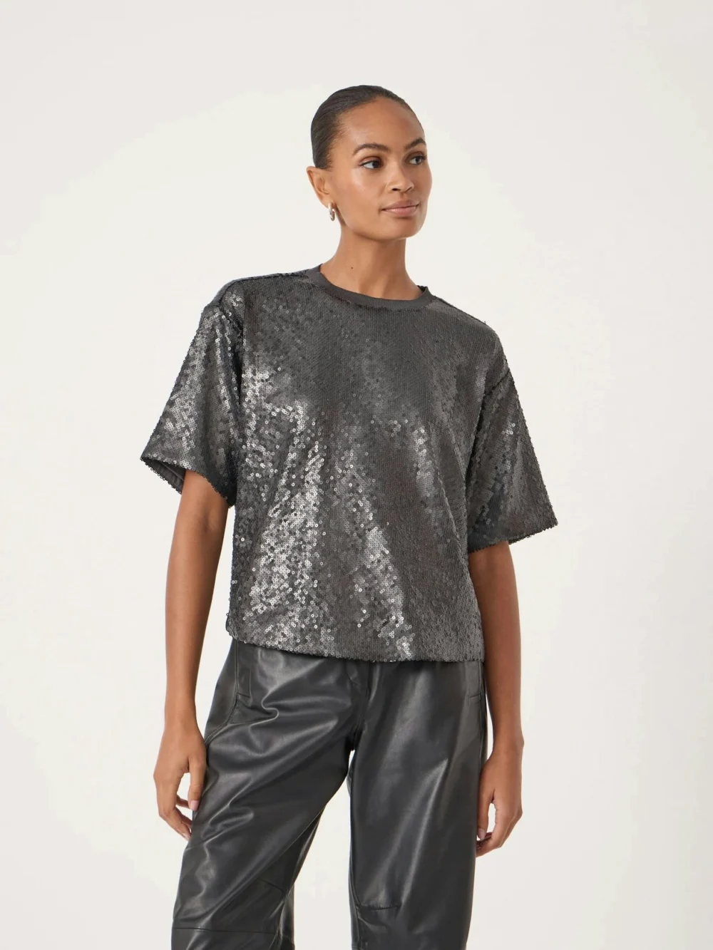 hush Holly Co-ord Sequin T-Shirt in gunmetal grey