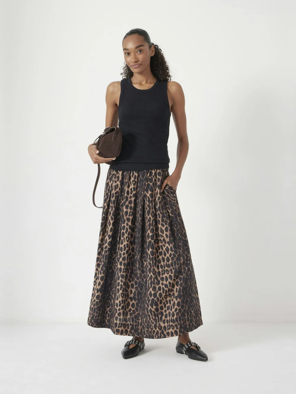 hush Ivy Pleated Air Flow Midi Skirt in soft leopard