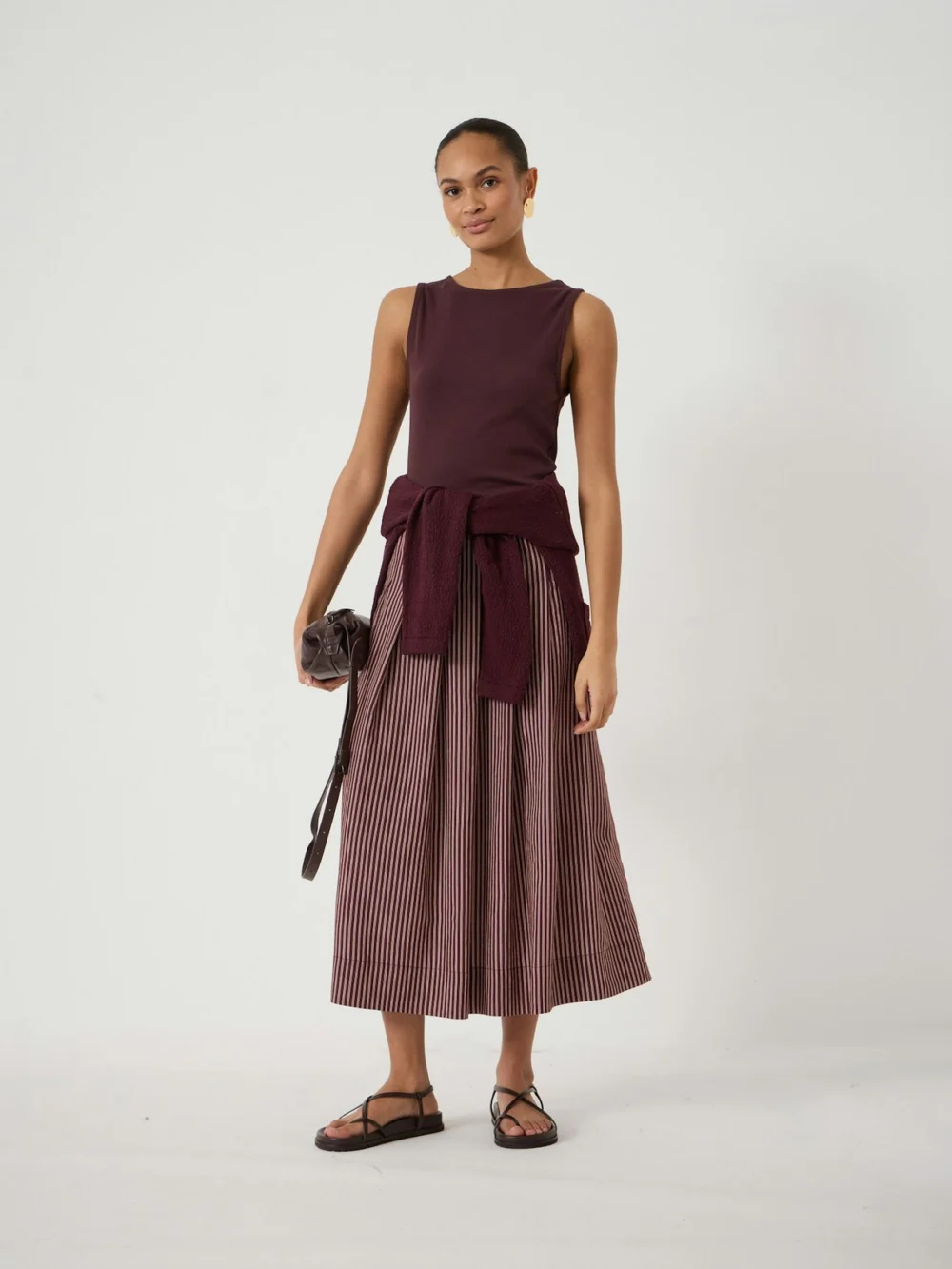 hush Ivy Pleated Stripe Midi Skirt in Burgundy Stripe Red