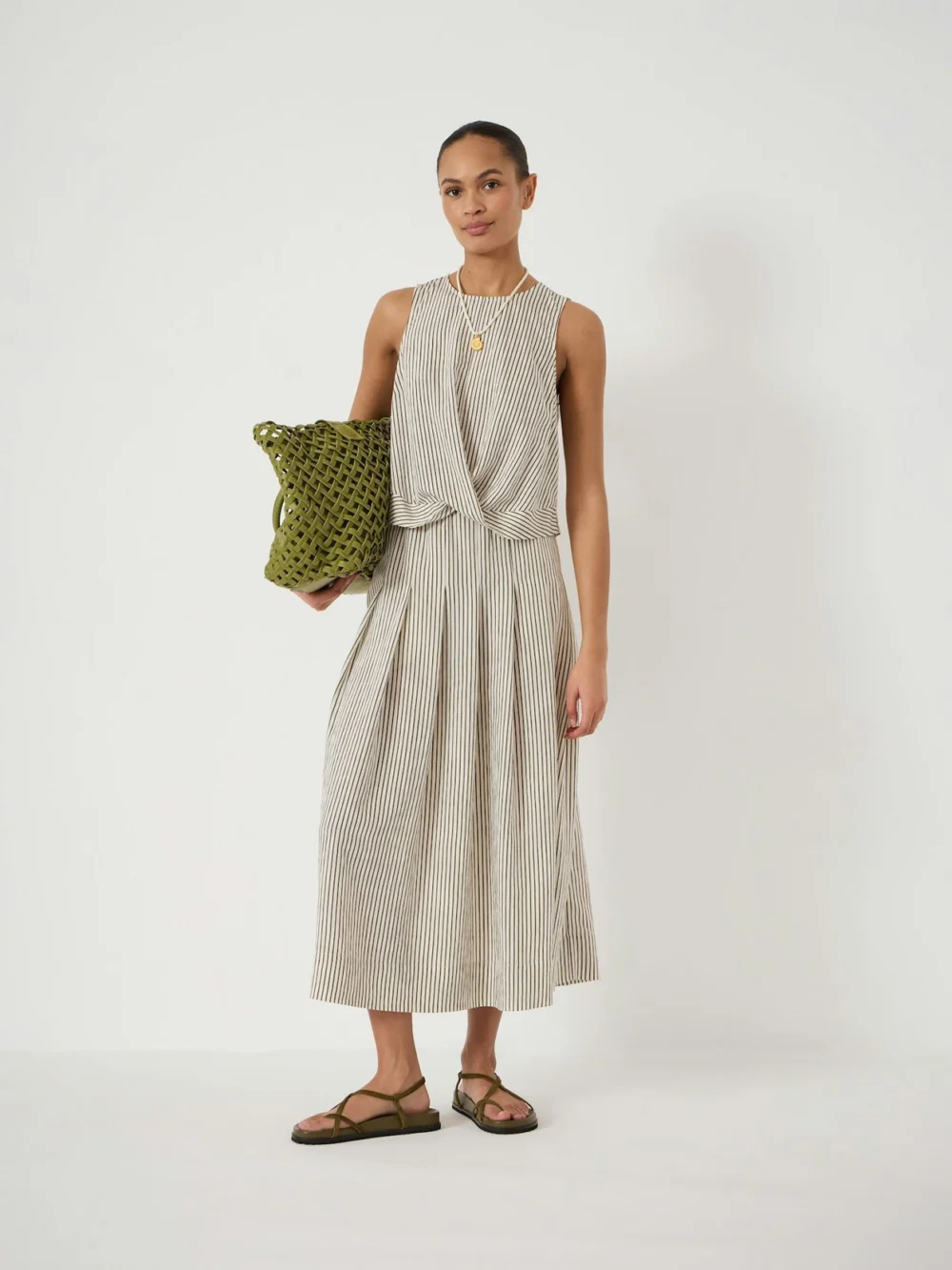 hush Ivy Pleated Stripe Midi Skirt in Green Stripe White