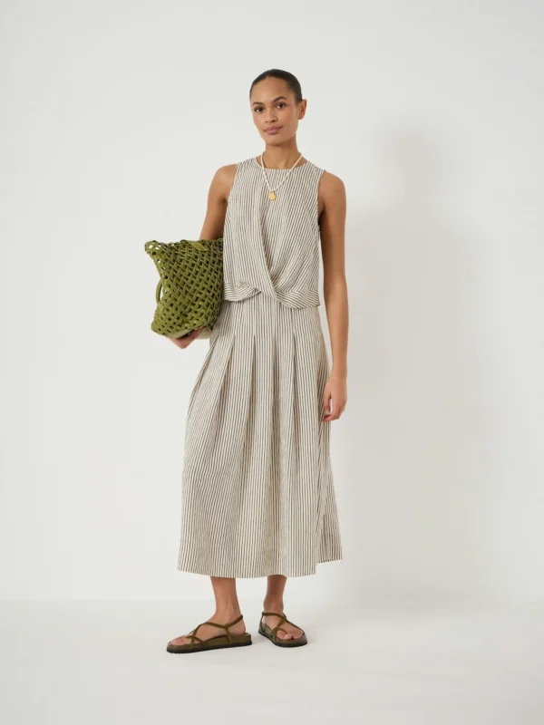 hush Ivy Pleated Stripe Midi Skirt in Green Stripe White