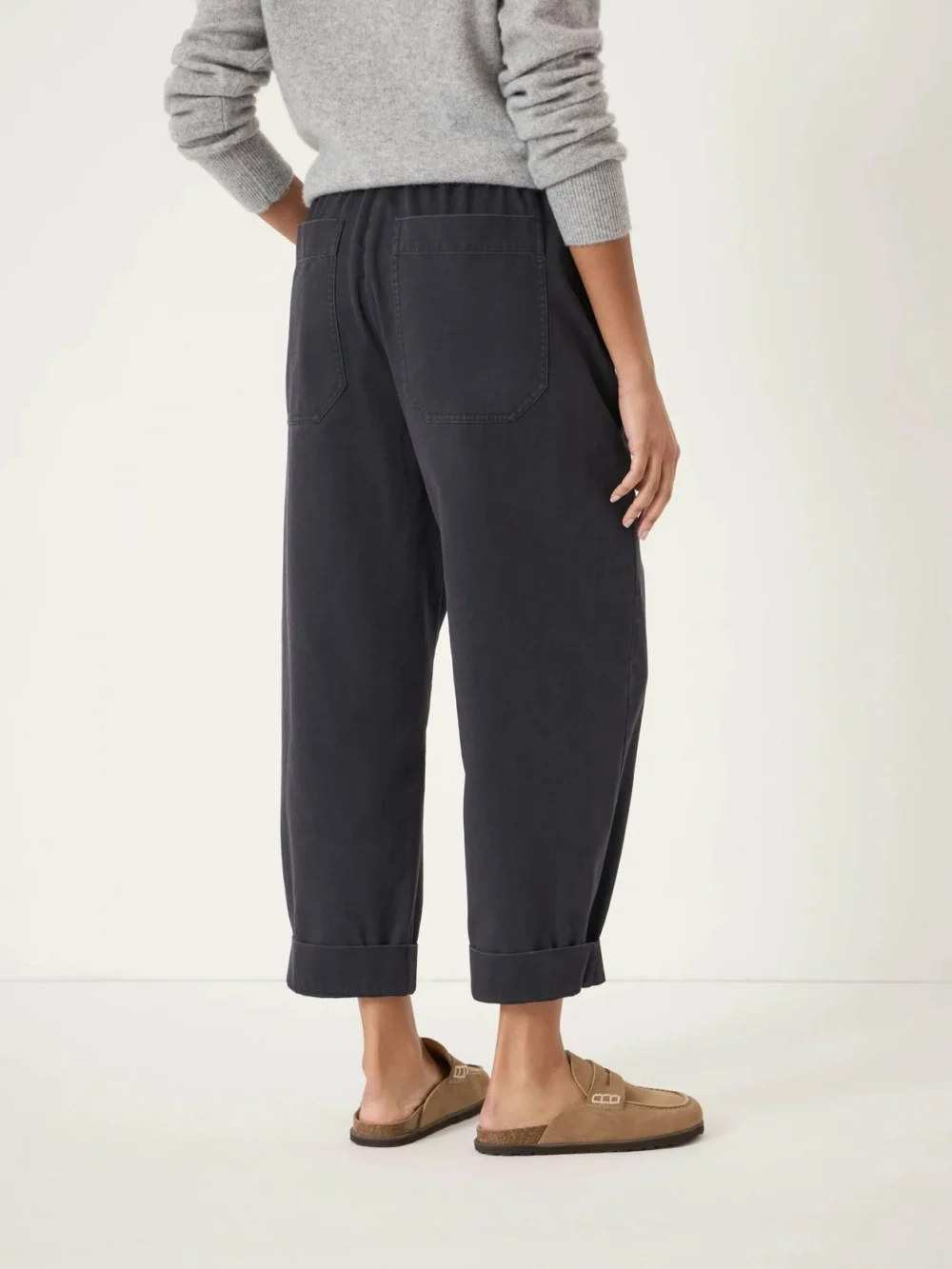 hush Jack Barrel Leg Pull on Trousers in Navy Blue