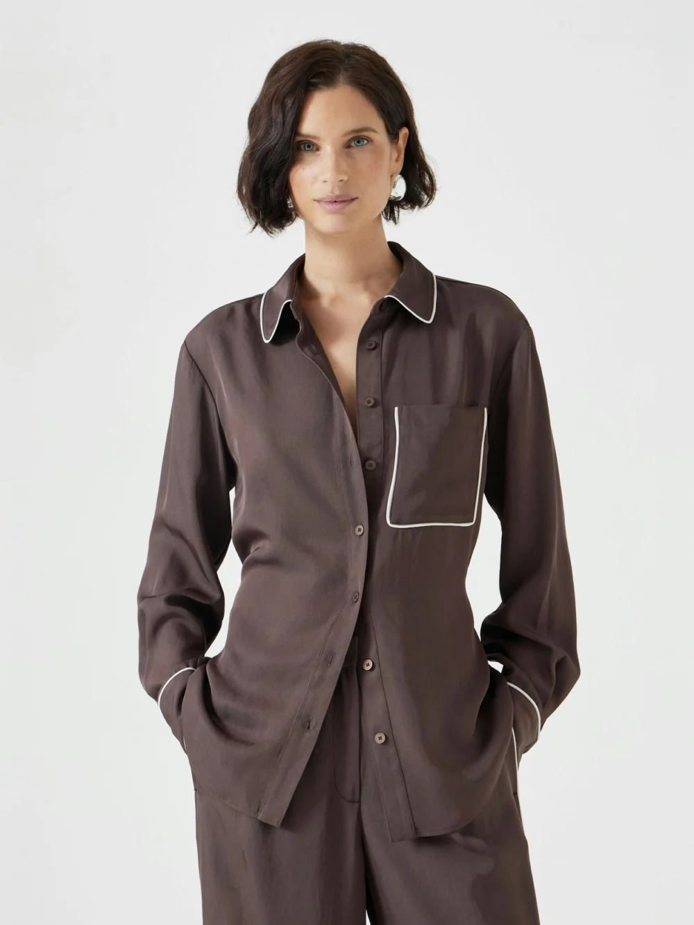 hush Kinsey Long Sleeve Piping Detailed Shirt in Coffee Brown