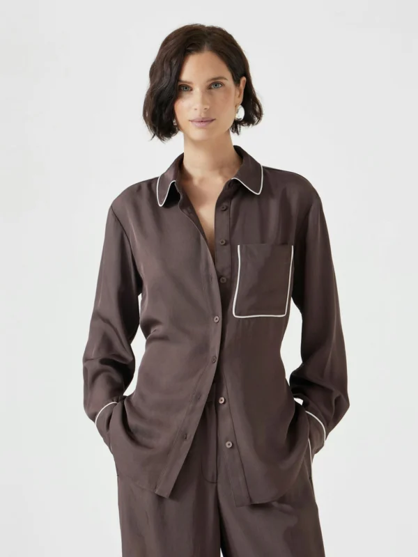 hush Kinsey Long Sleeve Piping Detailed Shirt in Coffee Brown