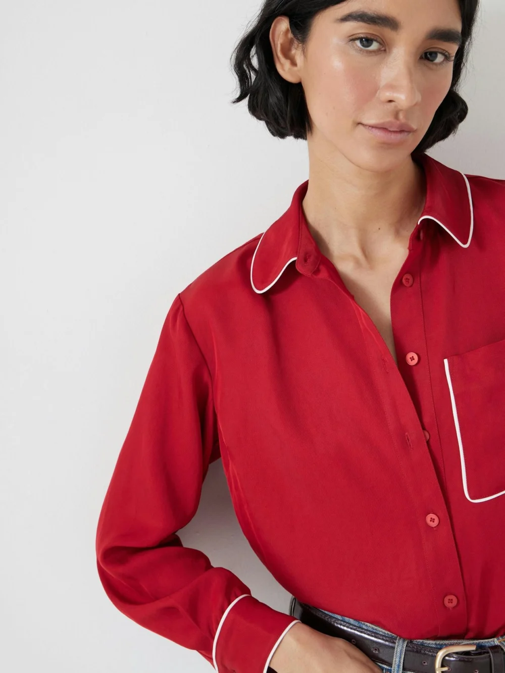 hush Kinsey Long Sleeve Piping Detailed Shirt in Red, view 2