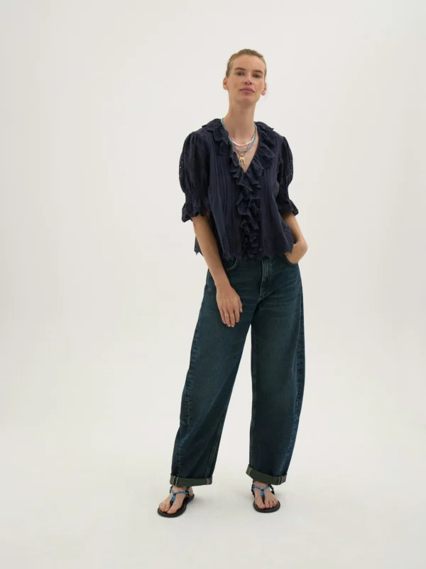 hush Koa Cotton Broderie Blouse in Navy Blue