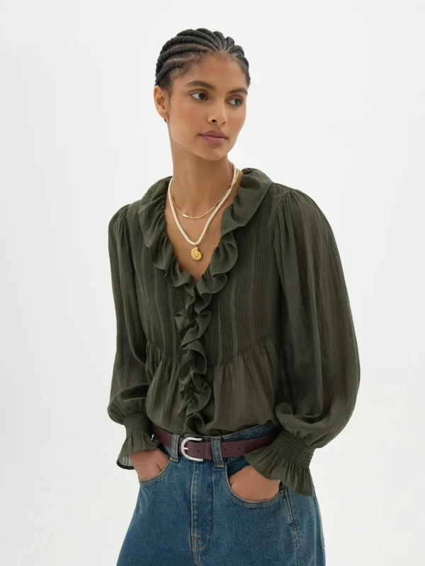 hush Koa Long Sleeve Crinkle Blouse in Khaki
