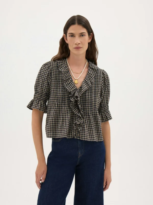 hush Koa Ruffle Short Sleeve Check Textured Blouse