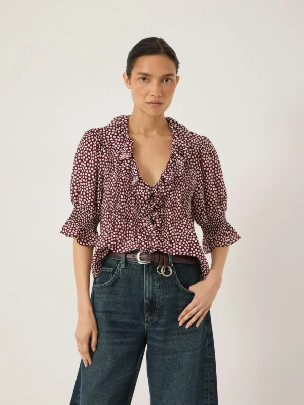 hush Koa Ruffle Short Sleeve Textured Blouse in Allover Dot Burgundy