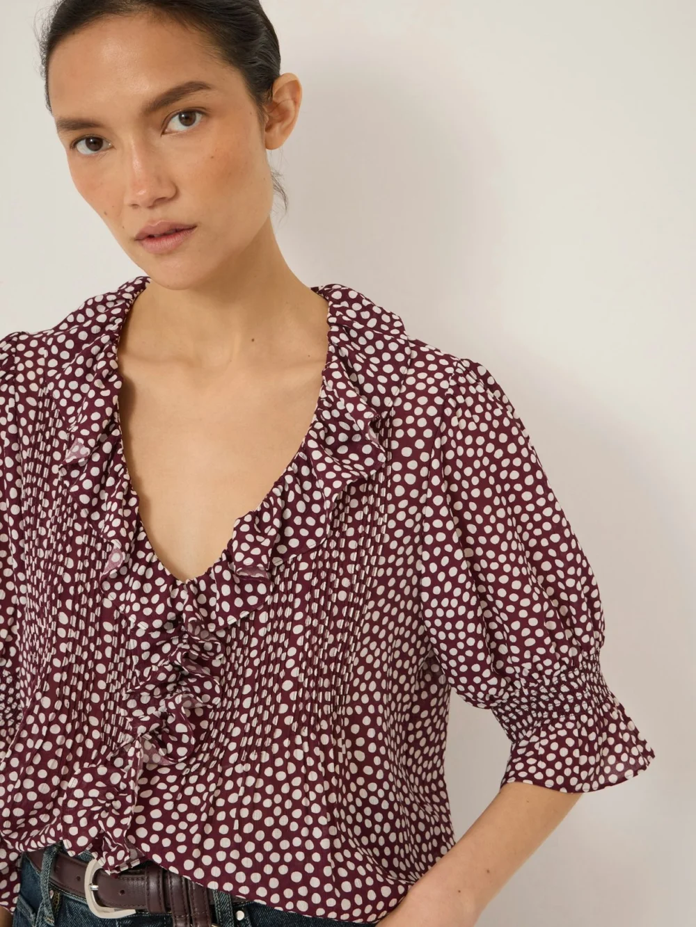 hush Koa Ruffle Short Sleeve Textured Blouse in Allover Dot Burgundy, view 2