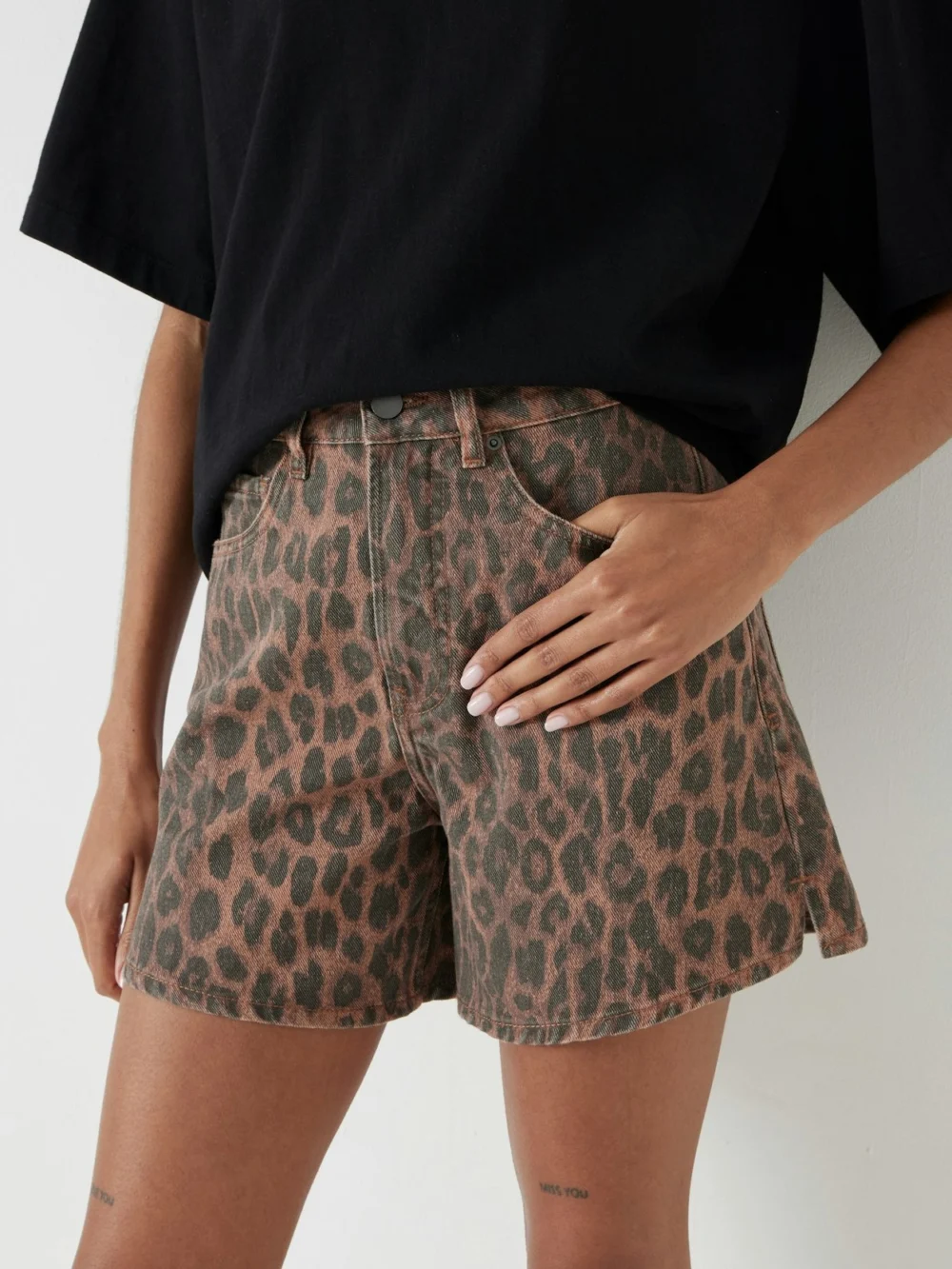hush Leopard Print Essential Denim Shorts, view 2