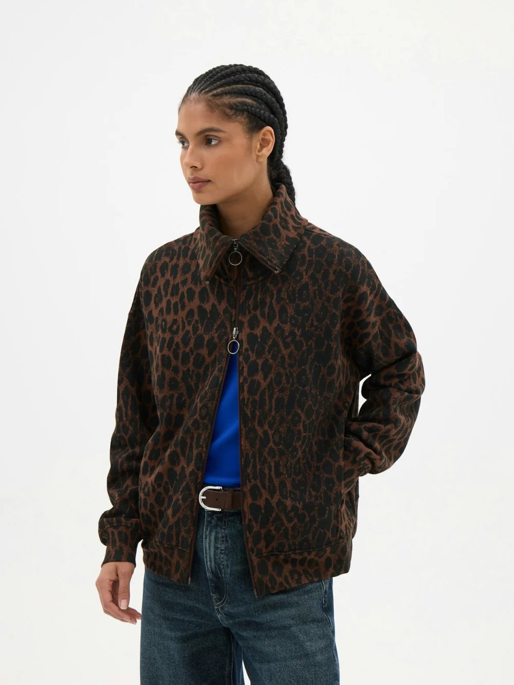 hush Leopard Print Funnel Neck Double Zip Sweatshirt in soft leopard