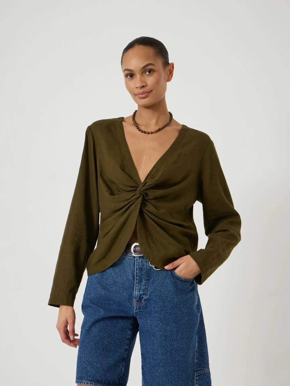 hush Linen Blend Bronte Twist Front Top in khaki green