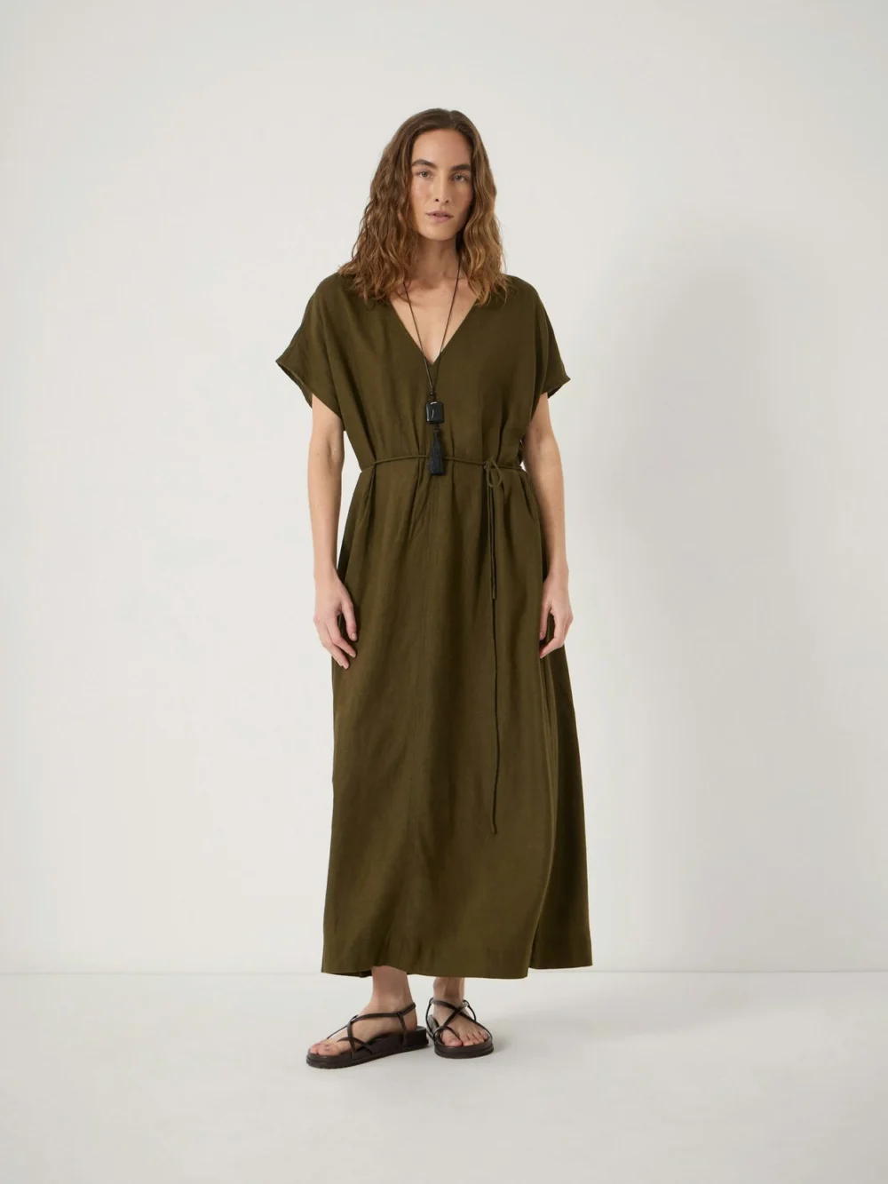 hush Linen Blend Remy Pleated Midi Dress in Khaki Green