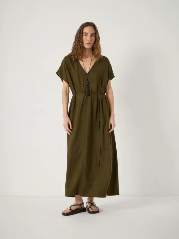 hush Linen Blend Remy Pleated Midi Dress in Khaki Green