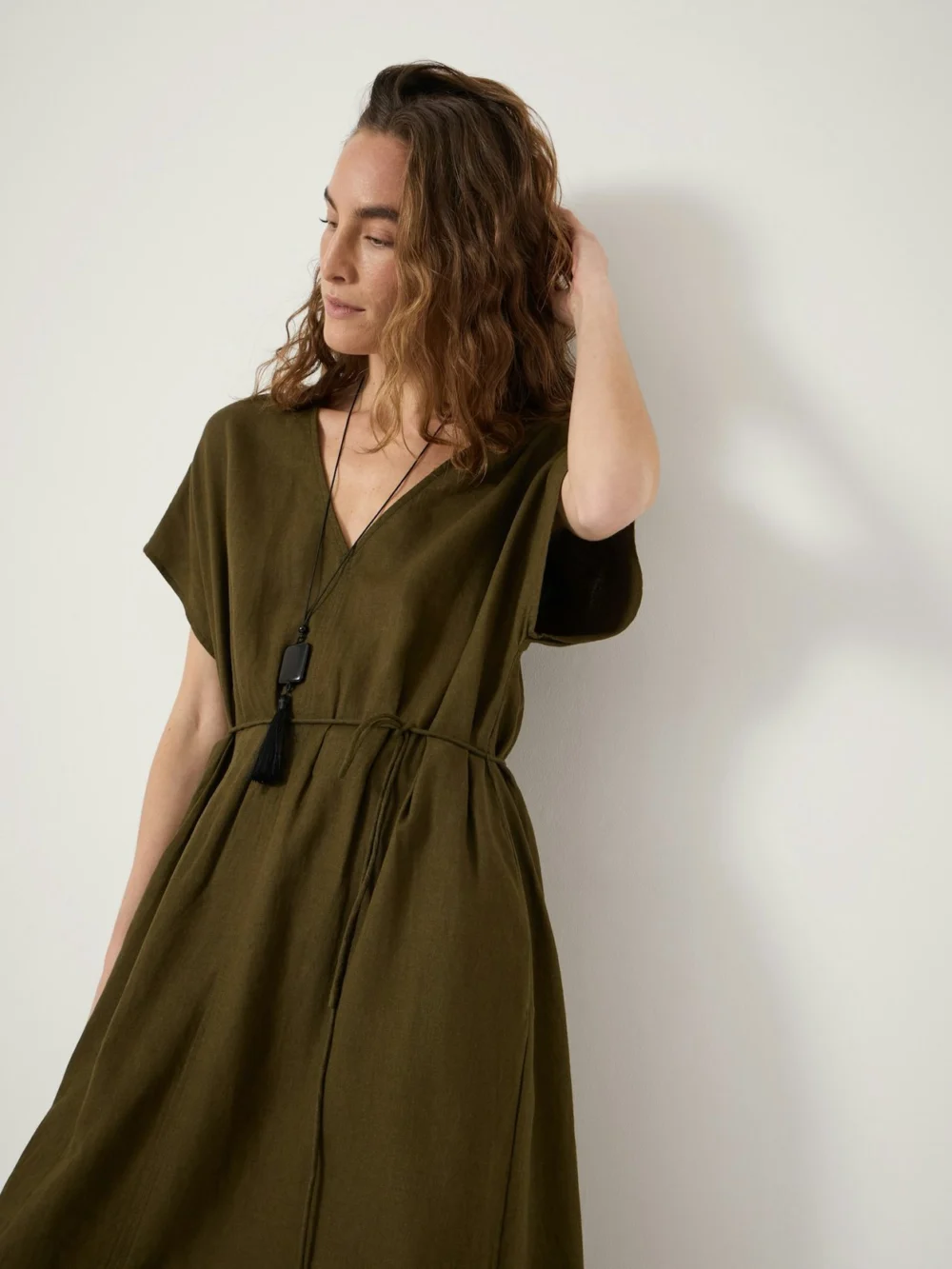 hush Linen Blend Remy Pleated Midi Dress in Khaki Green, view 2