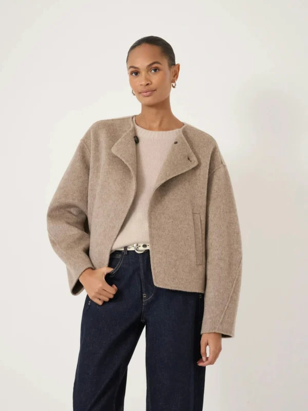 hush Linnie Pure Wool Double Faced Collarless Jacket in Oatmeal Marl