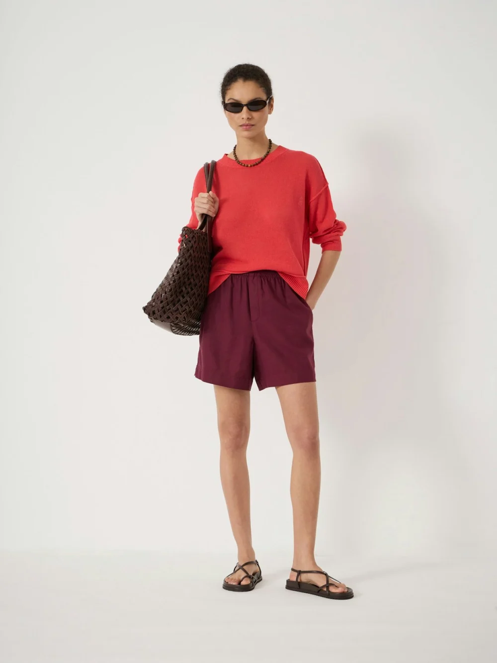 hush Luce Linen Pull on Shorts in maroon red