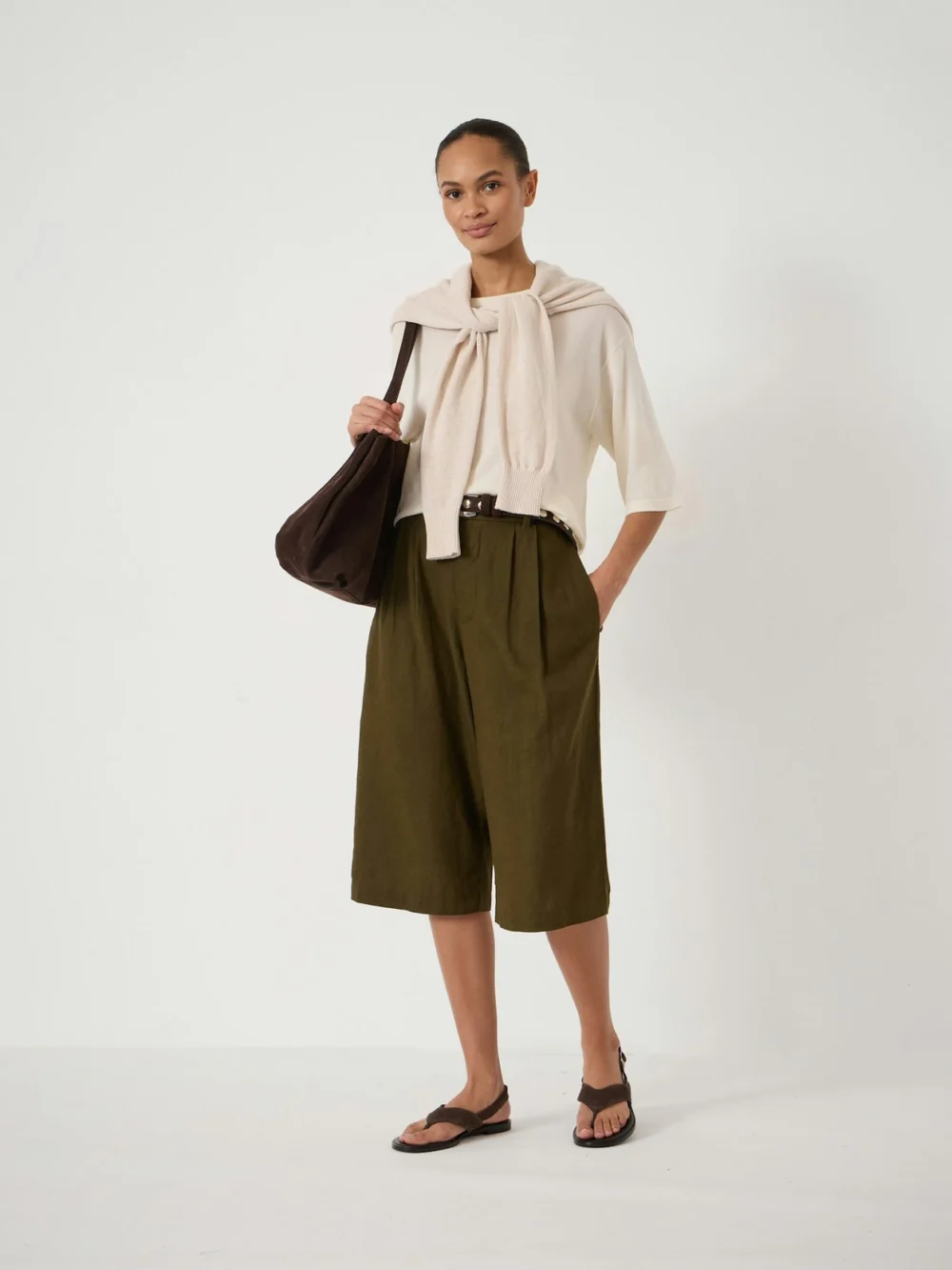 hush Lya Linen Blend Long Bermuda Shorts in Khaki