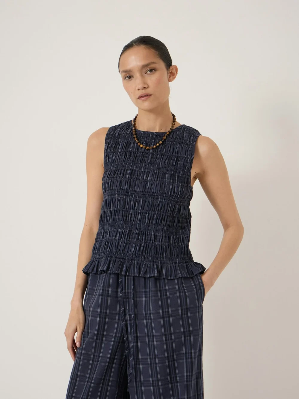 hush Maddie Shirred Cotton Check Shell Top in check blue