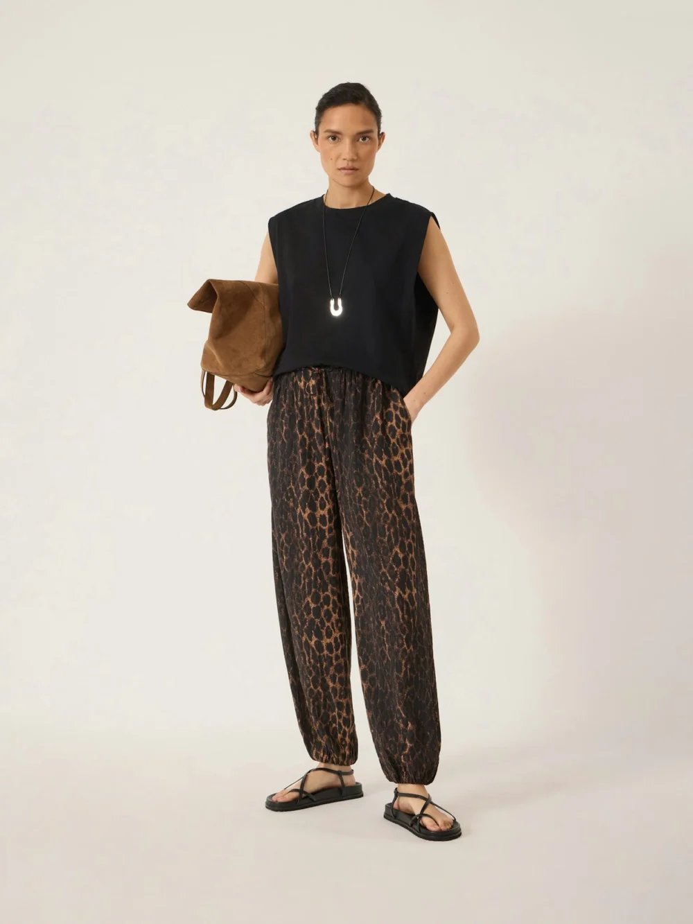 hush Mako Leopard Balloon Hem Trousers in natural leopard brown