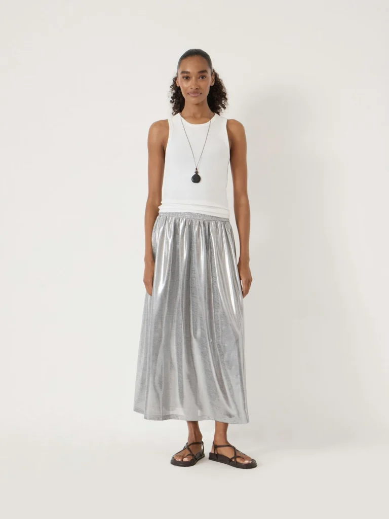 hush Mara Metallic Shirred Waistband Jersey Midi Skirt